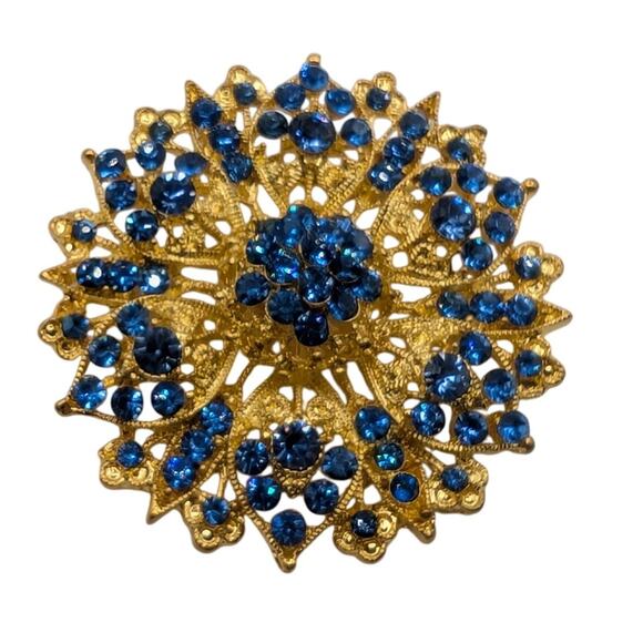 Gold Tone Blue Rhinestone Filigree Large Brooch - Picture 4 of 4